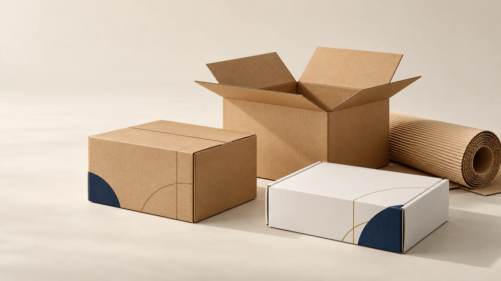 صورة توضيحية لصناديق كرافت وصندوق أبيض ولفافة كرتون مموج أحادية الوجه
